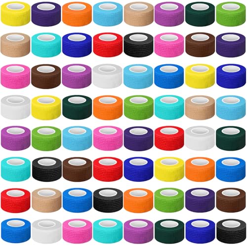 Treela 64 Pack 1" x 5 Yards Self Adhesive Cohesive Bandage Wraps, Elastic Breathable Athletic Tape, Flexible Self Adherent Bandage Rolls for Wrist, Ankle, Fingers, Sports & Pets (Multi Color) - color: Multi Color, size: 1 Inch X 5 Yard