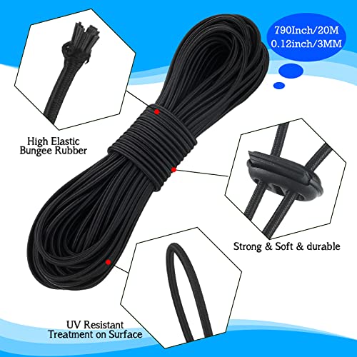 Patelai 50 Pieces Cord Locks Spring Toggles Stoppers Plastic Single Hole End Stopper Slider and 1/8 Inch 66 Feet Elastic Bungee Cord for Drawstring Shoelaces Clothing Bags(Black, Round Style) - size: Black, style: Round Style