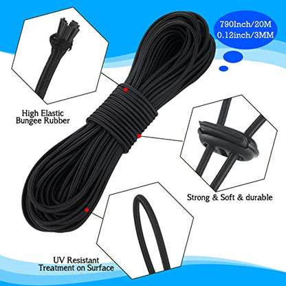 Patelai 50 Pieces Cord Locks Spring Toggles Stoppers Plastic Single Hole End Stopper Slider and 1/8 Inch 66 Feet Elastic Bungee Cord for Drawstring Shoelaces Clothing Bags(Black, Round Style) - size: Black, style: Round Style