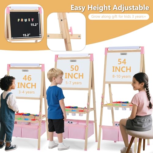 Kinder King Adjustable Wooden Kids Art Easel, Paper Roller, Storage (Pink) | Double-Sided Magnetic Whiteboard & Chalkboard, Art Supplies, Indoor & Outdoor, Painting & Drawing, 3 Years+, Gift - color: Pink