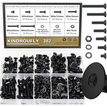 382 Pieces Black M4 x 6/8 /10/12 /16/20 /25mm Countersunk Head Socket Cap Screws Nuts Washers Assortment Kit, 10.9 Grade Alloy Steel - size: M4, style: Countersunk Head