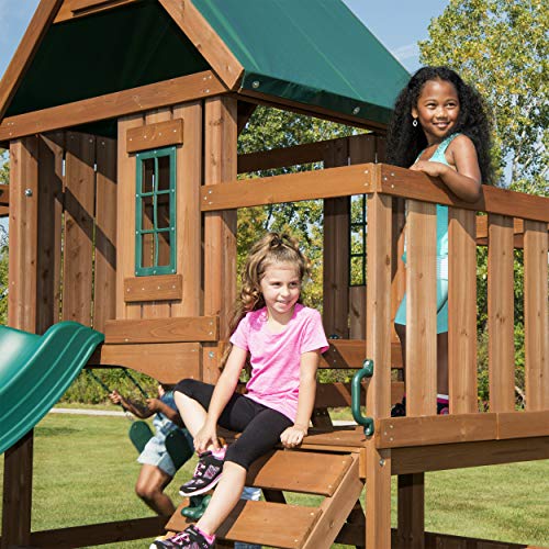 Swing-N-Slide Fremont Wooden Swing Set with Slide, Glider, Swings, Monkey Bars, Climbing Wall and Picnic Table, Wood, Green - size: Fremont