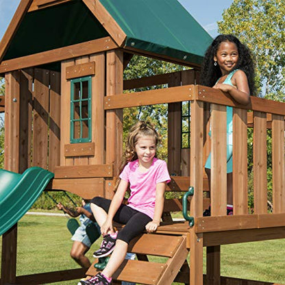Swing-N-Slide Fremont Wooden Swing Set with Slide, Glider, Swings, Monkey Bars, Climbing Wall and Picnic Table, Wood, Green - size: Fremont