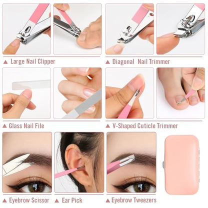 Manicure Set Women Nail Kit with Nail Clippers Eyebrow Tweezers Glass Nail File with Case Manicure Pedicure Kit Grooming Kit Personal Care Tools for Home Outdoor Travel Gift Giving Salon - color: Pink