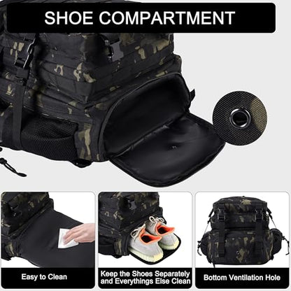 LHI Military Tactical Backpack for Men and Women 45L Army 3 Days Assault Pack Bag Large Rucksack with Shoe Compartment - color: 1.2 Black Cp