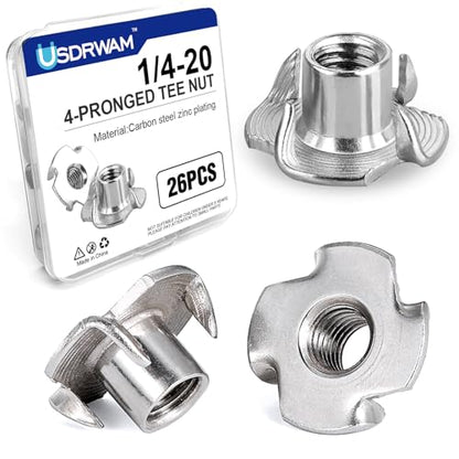 26PCS 1/4"-20 T Nuts for Wood, Zinc-Plated 4-Prong Tee Nuts | Carbon steel construction, Hammer-in installation design - style: 26 PCS 1/4"-20 Size