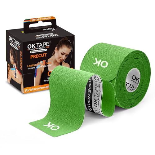 OK TAPE Kinesiology Tape 10 inches Precut, 20 Strips, Cotton Elastic Athletic Tape Latex Free, 2in x 16ft, Green - color: Lime, size: 20 Count (Pack of 1)