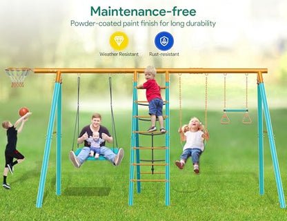 Osoeri 6-in-1 Swing Set for Backyard, Heavy-Duty Metal Kids Swing Set with 2 Swings, Climbing Net, Trapeze Bar, and Basketball Hoop (Blue)