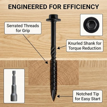 [Pack of 50] #14 x 10 Wood Structural Screws, Heavy Duty Hex Head Timber/Log/Landscaping Wood Screws, Rust Resistant, Hex Socket Included - color: Black, size: #14 x 10"