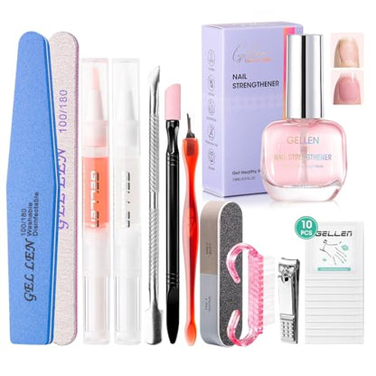 Gellen Nail Care Kit with 10PCS Manicure Tools: Nail Strengthener Sakura | 2Pcs Nail File & Buffer 100/180, Cuticle Pusher Pen, Cuticle Oil & Remover, Fork | Nail Clipper & Brush