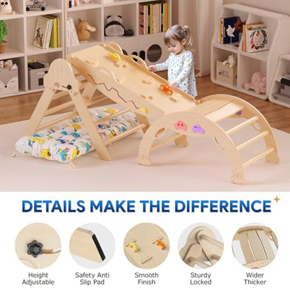 Pikler Triangle Set with Cushion 9 in 1 Foldable Montessori Climbing Toys for Toddlers 1-3 Indoor Wooden Kids Playground Baby Climbing with Maze Toys, Shape Sorter Toys, Car
