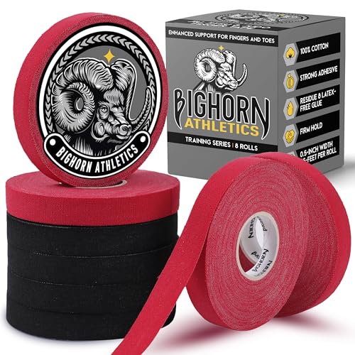 Bighorn Athletics Finger Tape, 0.5-Inch x 45-Feet, 8 Rolls, Black/Red | Athletic Sports Tape for Jiu Jitsu, Climbing, Volleyball, Golf. Hands & Toes Support. Residue-Free, Zinc Oxide Adhesive. - color: Black & Red, size: 0.5-Inch