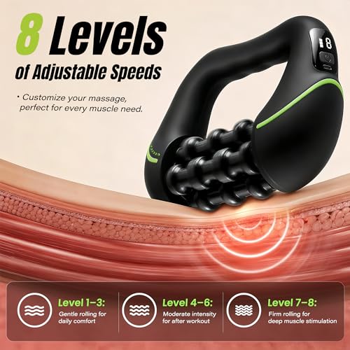 2‑in‑1 Electric Deep Rolling Massager – 8 Speeds, Full Body Muscle Roller for Legs, Calves, Abdomen, Back & Neck , Cellulite-prone Areas, Rechargeable, Handheld Powered Rolling Tool with LCD Display