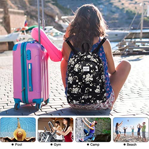 Dry Wet Drawstring Backpack with Shoe Compartment for Women Adjustable Gym Bag - color: Beige Flower