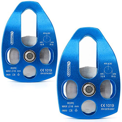 NewDoar 30 KN CE Certified Large Rescue Pulley Single/Double Sheave with Swing Plate - color: Single Pulley - Blue 2pcs
