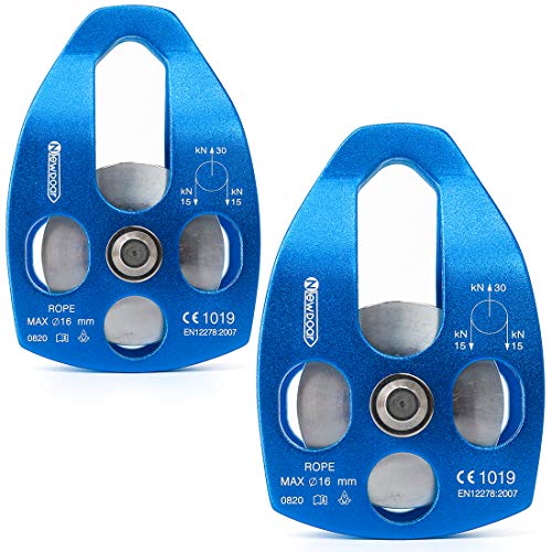 NewDoar 30 KN CE Certified Large Rescue Pulley Single/Double Sheave with Swing Plate - color: Single Pulley - Blue 2pcs