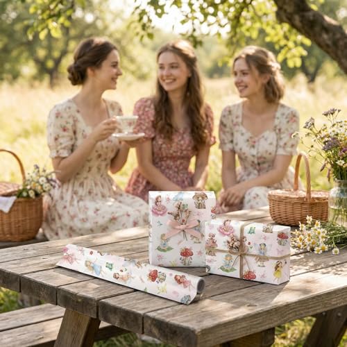 Liobelon Fairy Wrapping Paper Roll – 17" x 16.4 Ft Enchanted Forest Gift Wrap with Mushroom Houses, Flowers & Butterflies – Magical Birthday, Princess Party, Wedding Shower & DIY Craft Supplies - color: Fairy