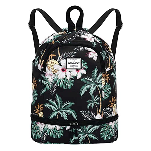 Dry Wet Drawstring Backpack with Shoe Compartment for Women Adjustable Gym Bag - color: Coconut Palm
