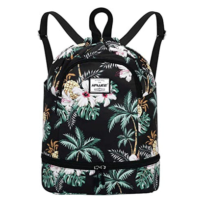 Dry Wet Drawstring Backpack with Shoe Compartment for Women Adjustable Gym Bag - color: Coconut Palm