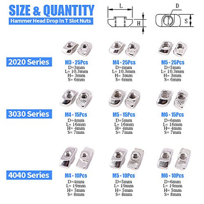 Glarks 150Pcs European M3 M4 M5 M6 Hammer Head Drop in T Nut Slot Assortment Kit for 20/30/40 Series Aluminum Profile - Nickel Plated Carbon Steel - size: Small
