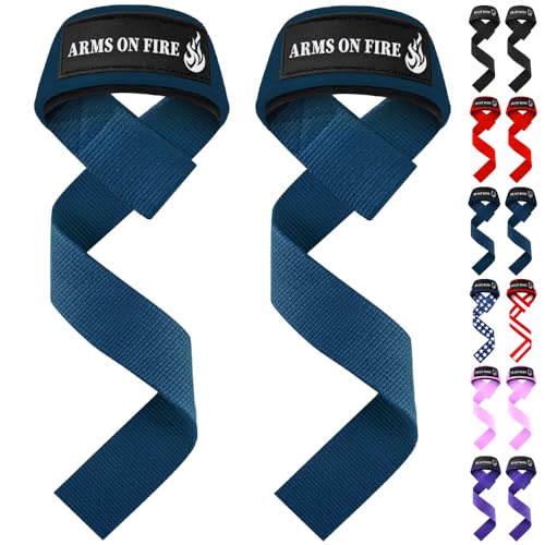 TECEUM Lifting Straps for Weightlifting Gym Strength Training - Wrist Straps with Neoprene Padded Cotton - Men & Women – Ideal for Powerlifting, Bodybuilding & Deadlifts - color: Navy Blue, size: 18" - Arms on Fire