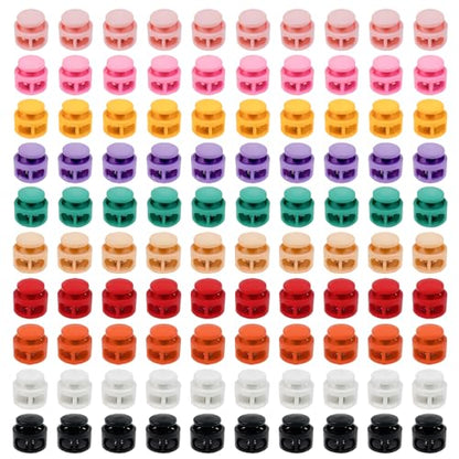 100 Pcs Coloful Plastic Spring Cord Locks for Drawstrings Double Hole Fastener Silder Toggles Clips for Buckle