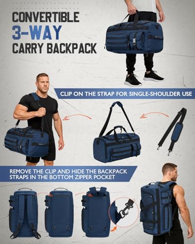 Gonex 45L Duffel Bag for Men, 3 in 1 Convertible Carry Gym Duffle with Shoe Compartment, Tactical Gear Loops, Water-Repellent Lining, Workout & Travel Bag (Dark Blue) | Shoe compartment, Tactical gear loops, Water-repellent lining, 5 zip pockets, Weekend