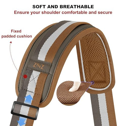 ZINZ 75" Shoulder Strap with Fixed Pad and Dual Balanced Buckles，Brown-White-Gray Stripe - color: Brown-white-gray Stripe
