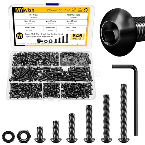 Mywish 645Pcs M4 Screw Metric Screw Assortment Kit, 10.9 Grade Alloy Steel Bolts, Button Head Socket Cap Metric Screws, Flat Washers/Nuts/Hex Wrenches M4*8/12/16/20/25/30mm Black, Fully Threaded - color: Black, size: 645Pcs M4