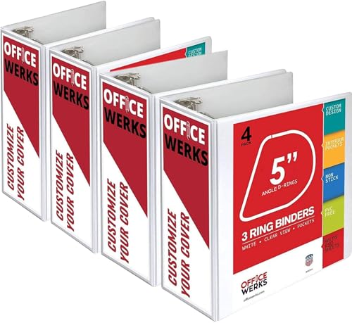 3 Ring Binder, Professional D Ring 5 Inch, Presentation Folder for Standard Pages 8.5 x 11 with Pockets, Crystal Clear View White (4 Pack) - color: White, size: 5 Inch (4 Pack)
