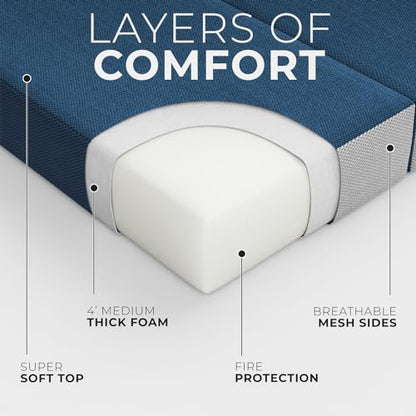 4 Inch Twin Folding Mattress for Floor and Traveling with Removable Cover - Lightweight and Portable Mattress for Adults & Kids - Compact and Easy to Storage (75in x 39in x 4in) - size: Twin (75in x 39in x 4in), style: Navy
