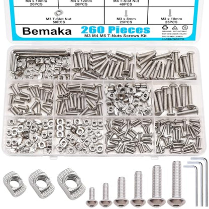 260PCS M3 M4 M5 T Nuts Screws Kit, T Slot Nuts Hammer Head Fastener with Nickel Plated Carbon Steel Button Head Screws for 2020 Series Aluminum Extrusion Profile - color: Silver-M3 M4 M5