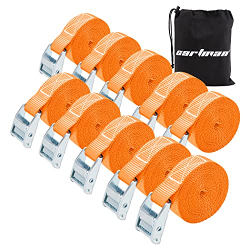 Cartman 1 in x 12 ft Lashing Straps, 10 Pack, 600 lb Break Strength, Orange | Steel buckle clamps and a carry bag for general cargo tie-down without hooks - color: Orange, size: 10 PK