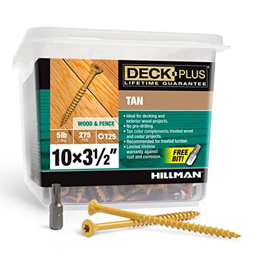 Deck Plus Wood Screws, #10 x 3-1/2in, 5lb Box, 275 Pieces, Tan | Epoxy-coated steel, Self-drilling point with star/torx drive, coarse threads for decks and treated lumber, T25 bit included - color: Tan, size: #10 x 3-1/2", style: 275 pcs