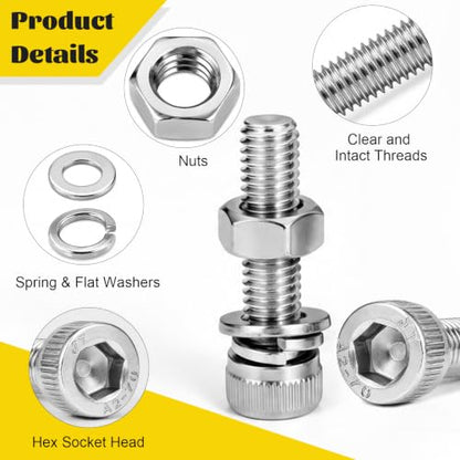 1260pcs M2 Screw Assortment kit, M2*4mm/6mm/8mm/10mm/12mm/16mm/20mm 304 Stainless Steel Hex Socket Head Cap Screw Bolts Nuts Flat & Lock Washer Set - size: SS M2 1260pcs