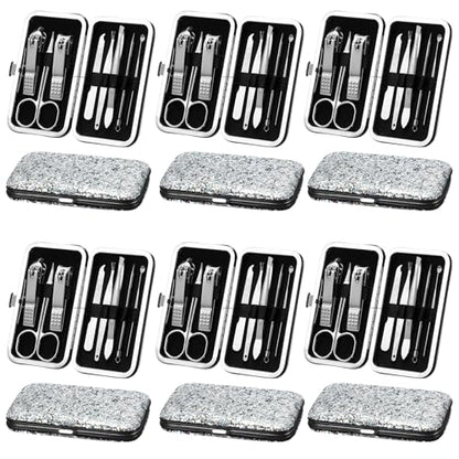 Geosar 12 Set 8 in 1 Manicure Kit Gifts Stainless Steel Nail Clippers Set Pedicure Care Tools with Leather Case Travel Portable Grooming Kit for Women Men Nurse Hands Foot(Glitter Silver) - color: Glitter Silver