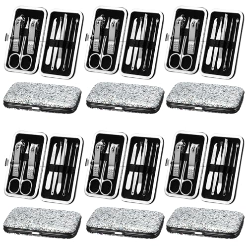 Geosar 12 Set 8 in 1 Manicure Kit Gifts Stainless Steel Nail Clippers Set Pedicure Care Tools with Leather Case Travel Portable Grooming Kit for Women Men Nurse Hands Foot(Glitter Silver) - color: Glitter Silver