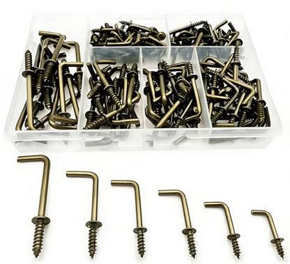 150 PCS 7 Shaped Right Angle Screw Hooks Sets,Bronze 6 Sizes Screw in L Shaped Hooks for Hanging Lamp,Plants,Decorations,kitchenware and DIY Crafts,(1/2",5/8",3/4",7/8",1",1-1/4") - size: Bronze 6sizes 150pcs
