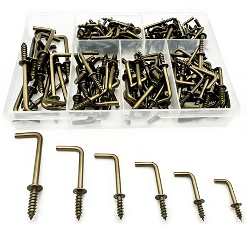 150 PCS 7 Shaped Right Angle Screw Hooks Sets,Bronze 6 Sizes Screw in L Shaped Hooks for Hanging Lamp,Plants,Decorations,kitchenware and DIY Crafts,(1/2",5/8",3/4",7/8",1",1-1/4") - size: Bronze 6sizes 150pcs