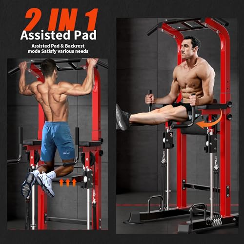 SogesHome Power Tower Pull Up Bar Station Height Adjustable Assistive Rack | Multi-Function Strength Training Equipment Full Body Workout Machine, Freestanding Push Up Dip Stand for Home Gym Exercise - color: Red