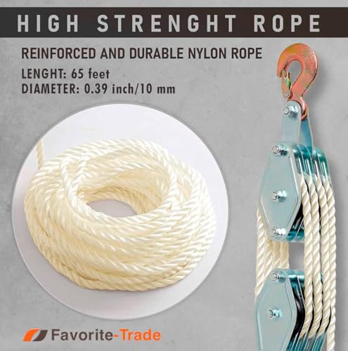 Nylon Rope Hoist Pulley Block and Tackle, 2 Ton - 6000-8000 LB Breaking Strength, 7:1 Lifting Power, 65 Ft - Rope Hoist Pulley System for Garage, Hunting, Boat Lift - Includes 2 Straps - color: Silver Steel