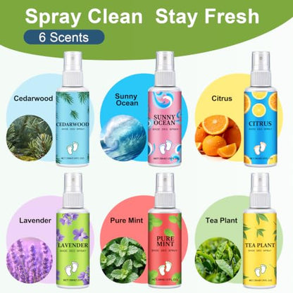 6 Pack Shoe Deodorizer Spray, Powerful Foot Odor Eliminator Shoe Freshener | 6 Scents with Lasting Fragrance, Refresher Spray for Smelly Shoes, Sneakers, Boots, Up to 400 Uses, Travel Size Each 1.01oz