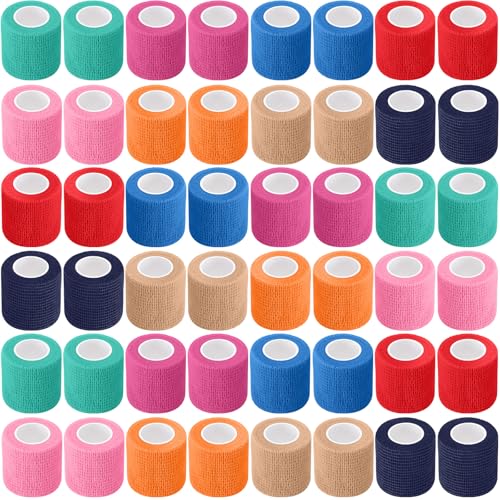 Treela 64 Pack 2" x 5 Yards Self Adhesive Cohesive Bandage Wraps, Elastic Breathable Athletic Tape, Flexible Self Adherent Bandage Rolls for Wrist, Ankle, Fingers, Sports & Pets (Mixed Colors) - color: Mixed Colors, size: 2 Inch X 5 Yard