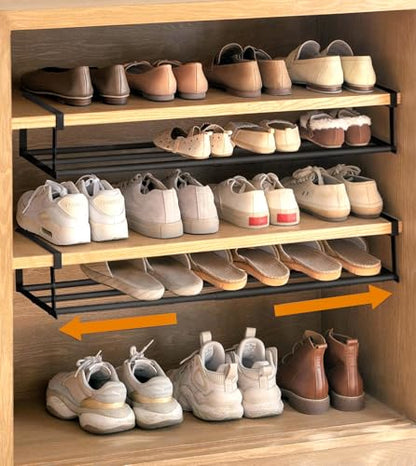 2Pcs Expandable Shoe Rack Organizer for Closet, 16.13-31.49 Inch Adjustable shoe shelf, Hanging Shoe Organizer Under Cabinet Storage Shelf for Kitchen, Laundry Room, Dorm Room, Wardrobe -Black