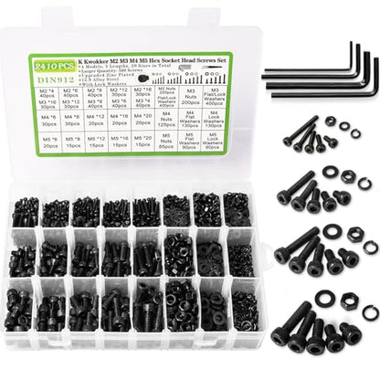 M2 M3 M4 M5 Hex Socket Bolt & Nut Assortment Kit, 2410Pcs | 12.9 Alloy Steel, Zinc Plated Anti-rust; 20 Sizes Metric Screws with Lock Washers; For 3D Printing DIY Machinery Repair - size: K. M2 M3 M4 M5