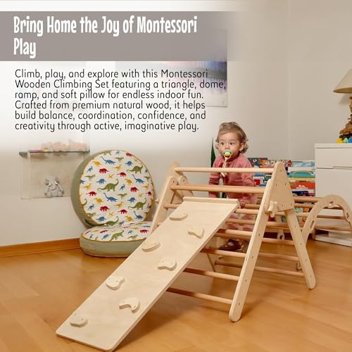 Montessori Wooden Climbing Set for Kids | Montessori Climbing Triangle Climbing Dome Ramp and Pillow | Waldorf Climbing Arch for Toddler | Montessori Playground | Kids Play Gym(Flamingo) - style: Flamingo