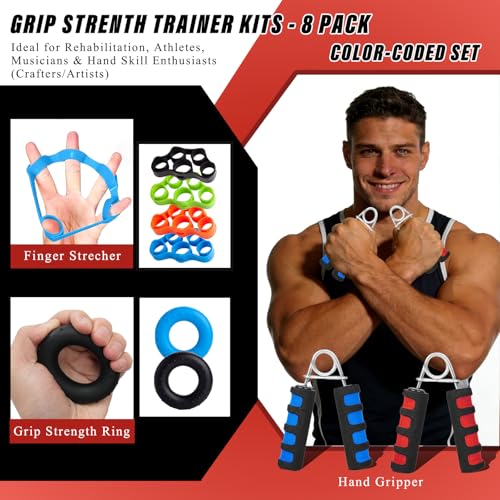 CYFIE Hand Grip Strengthener Set 8 Pack, 2 Foam Grippers, 4 Finger Exercisers, 2 Grip Rings, Wrist Forearm Exerciser for Hand Strength, Finger Strength, Physical Therapy & Stress Relief