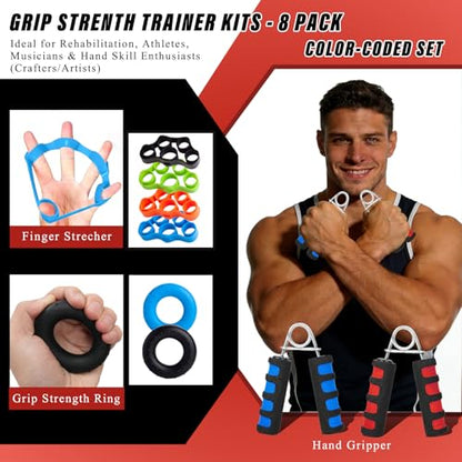 CYFIE Hand Grip Strengthener Set 8 Pack, 2 Foam Grippers, 4 Finger Exercisers, 2 Grip Rings, Wrist Forearm Exerciser for Hand Strength, Finger Strength, Physical Therapy & Stress Relief
