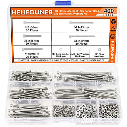 HELIFOUNER 400 Pieces M3 x 30mm /35mm /40mm /45mm /50mm, Hex Socket Head Cap Metric Screws Bolts Washers Nuts Kit, 304 Stainless Steel - size: M3 x 30/35/40/45/50mm