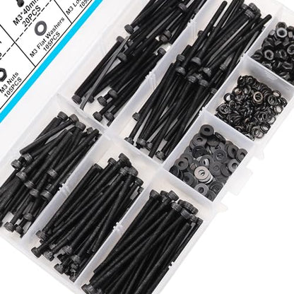 420PCS Black M3 Hex Socket Head Cap Screws, M3 x 30/35/40/45/50mm Metric Screws Bolts Nuts Washers Assortment Kit, 12.9 Grade Alloy Steel - size: M3 x 30/35/40/45/50mm, style: Socket Head